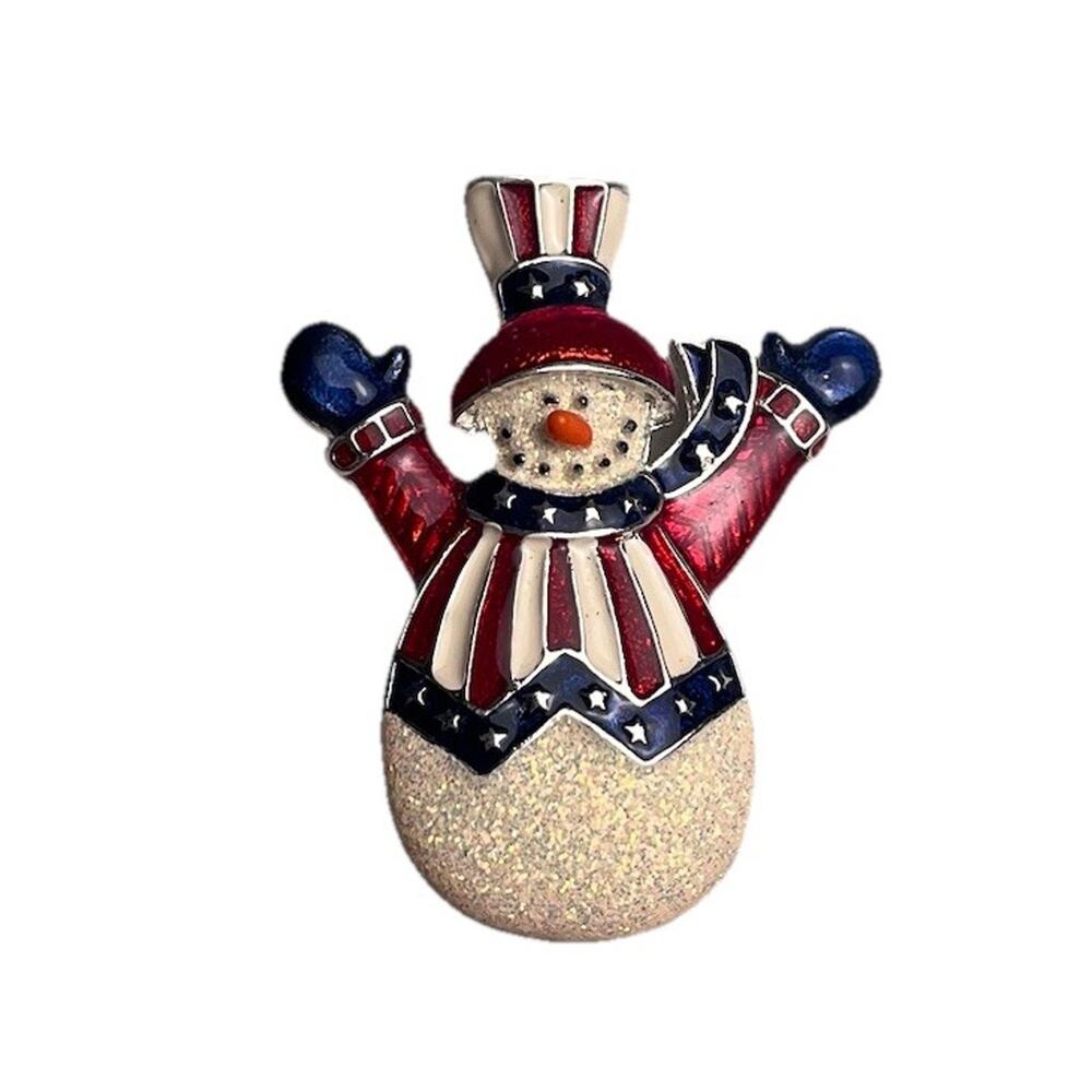 Vintage Snowman USA Brooch 1980s Patriotic 2.25" Sparkly Large Pin Back Jewelry